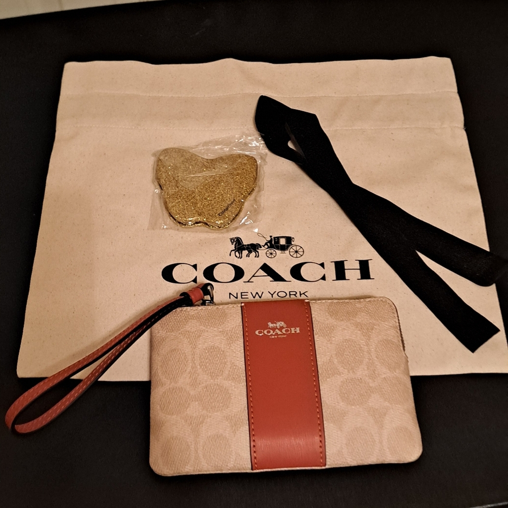 Coach Beige and Red Wristlet with compact mirror and dust bag